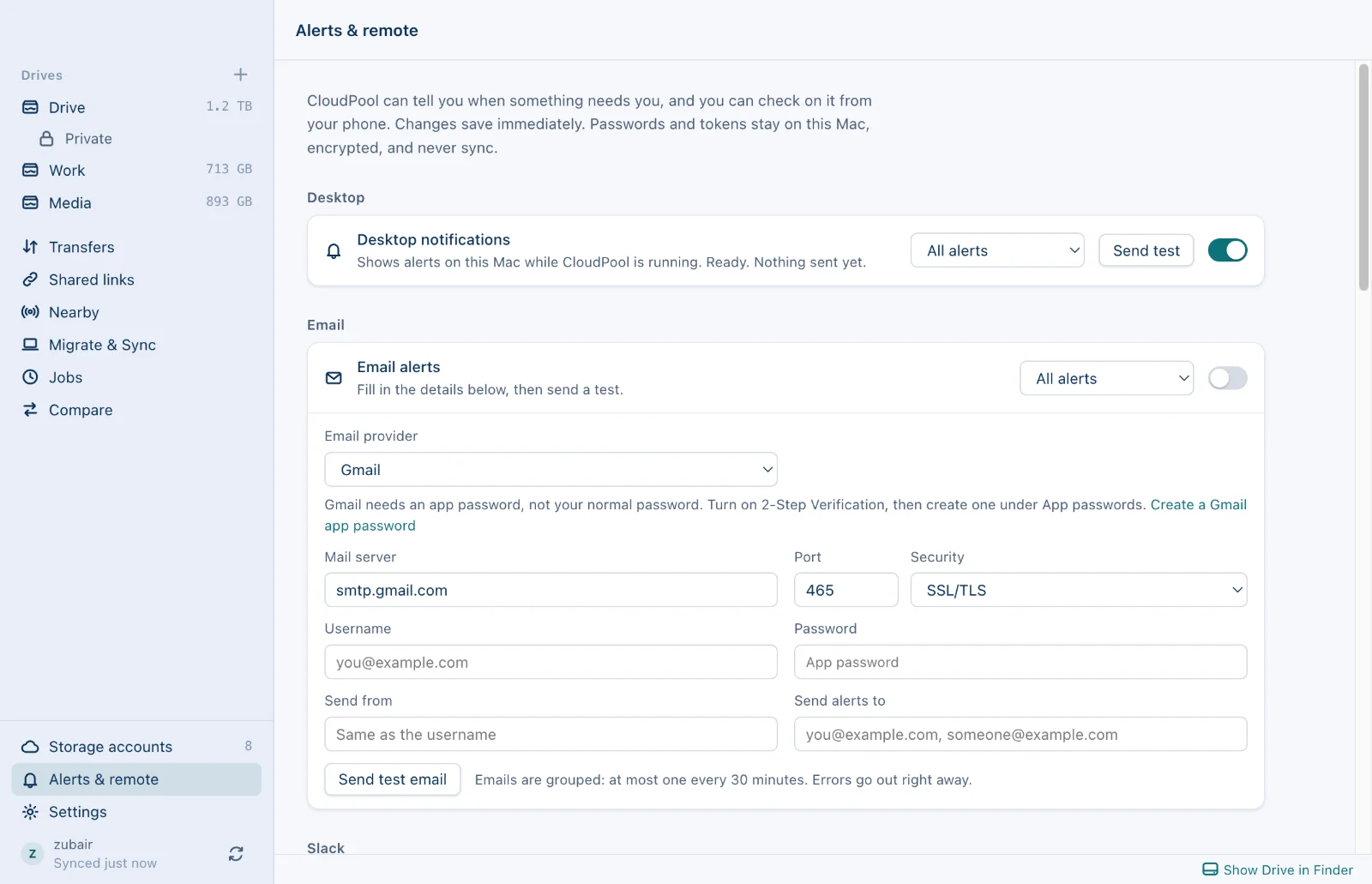 The Alerts and remote page in CloudPool: desktop notifications on, and email alerts set up through Gmail