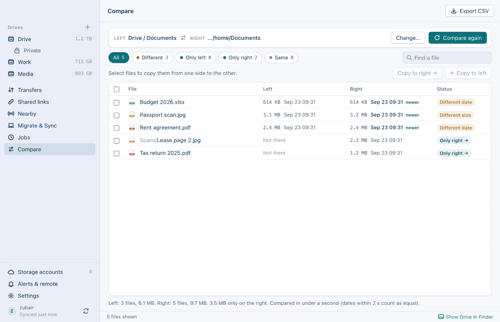 Two folders compared side by side in CloudPool, filtered to the files that differ