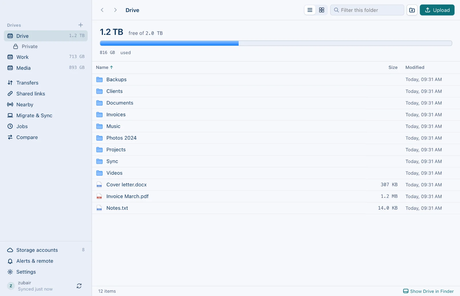 The CloudPool window with three drives in the sidebar, Drive, Work and Media, and a private folder under Drive