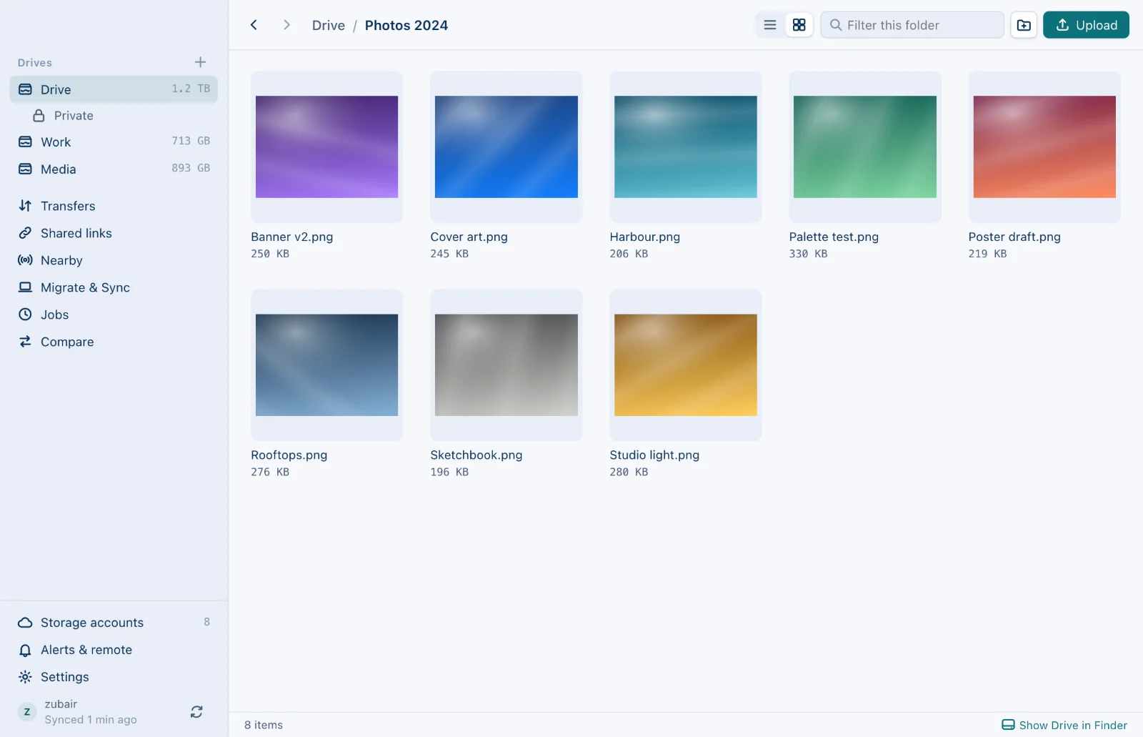 A folder in CloudPool shown as a grid of tiles, each tile a picture of what is inside the file