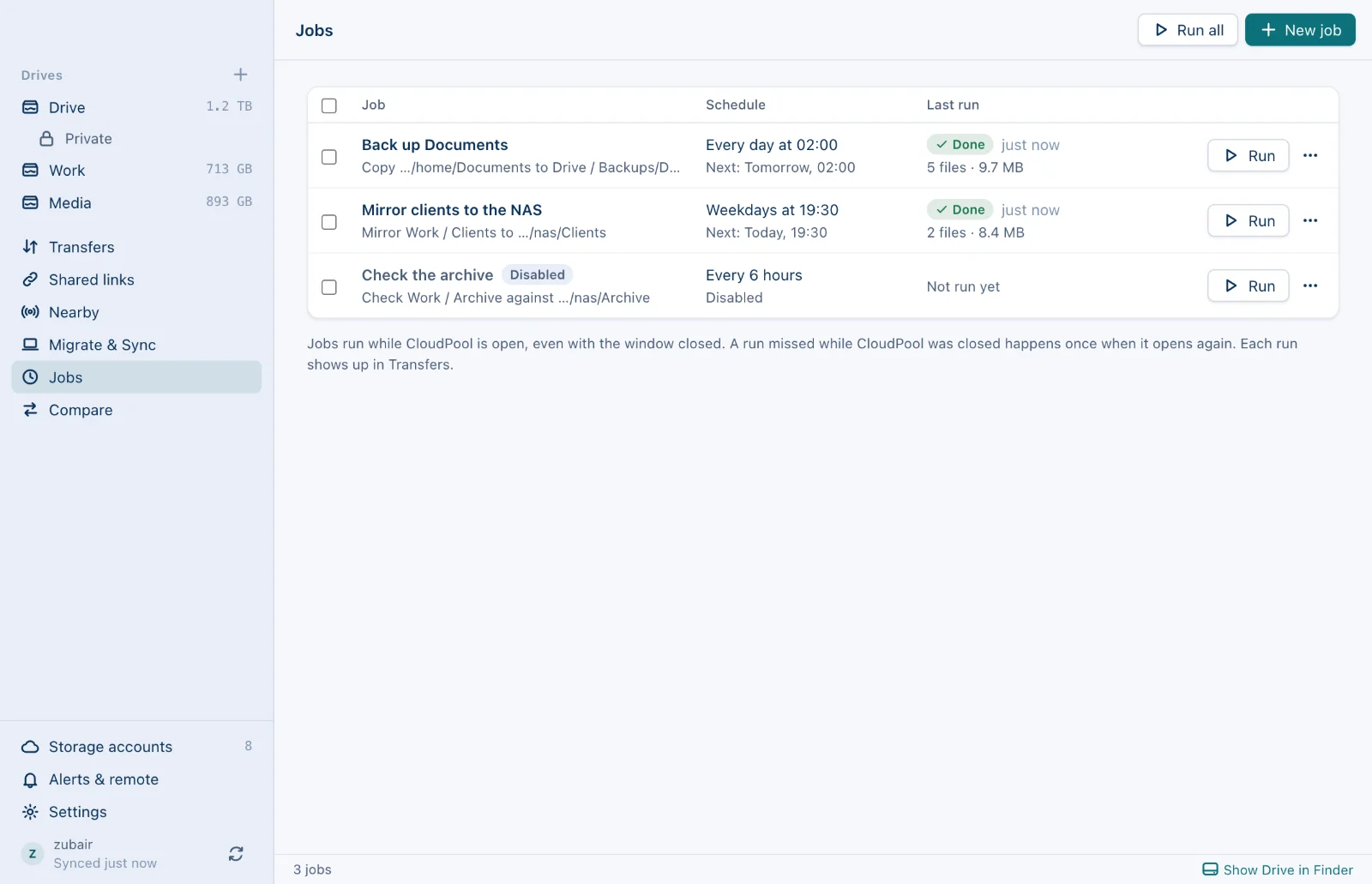The Jobs page in CloudPool with scheduled copy and mirror jobs and their last runs