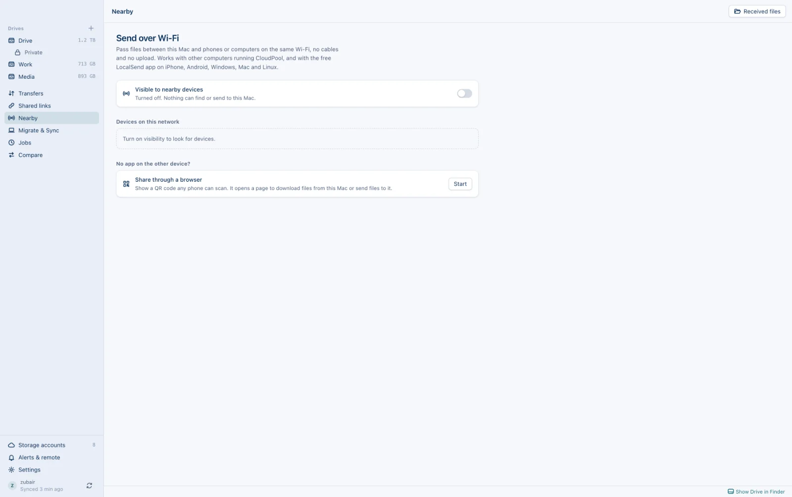 The Nearby page in CloudPool with Wi-Fi sharing turned on