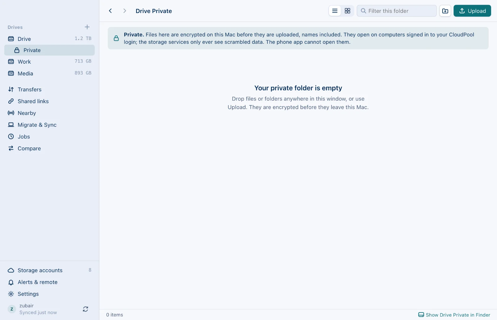 A drive's private folder in CloudPool, with the note that its files are encrypted on this Mac before they are uploaded
