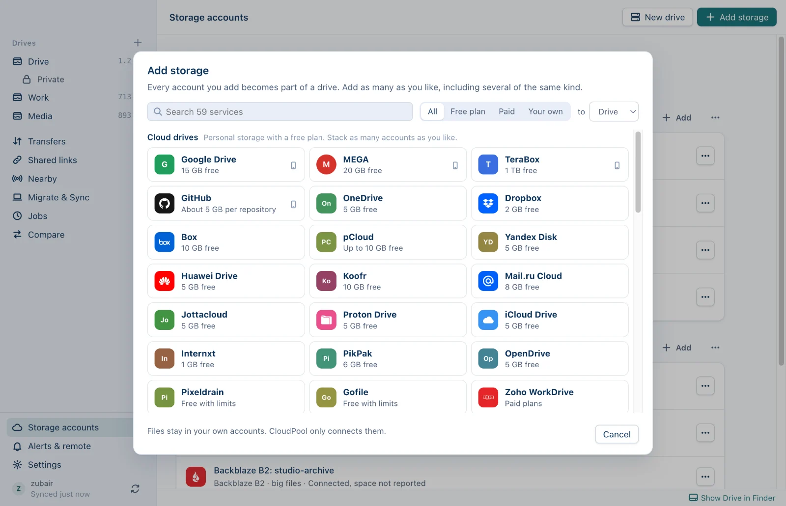 The Add storage window in CloudPool, listing cloud drives such as Google Drive, MEGA and TeraBox with their free space
