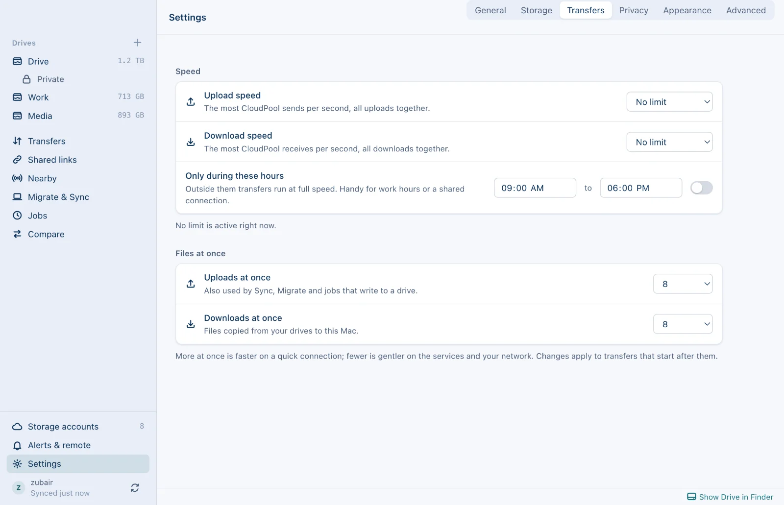 CloudPool Settings, Transfers: upload and download speed limits, limits only during set hours, and how many files move at once