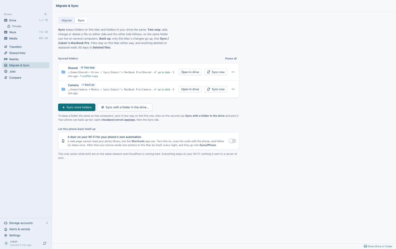 The Migrate and Sync page in CloudPool