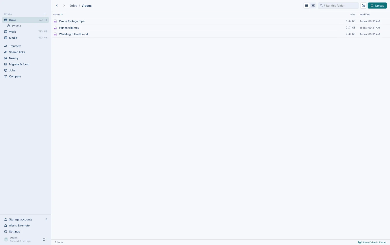 A Videos folder in CloudPool showing Wedding full edit.mp4 as one 9.4 GB file